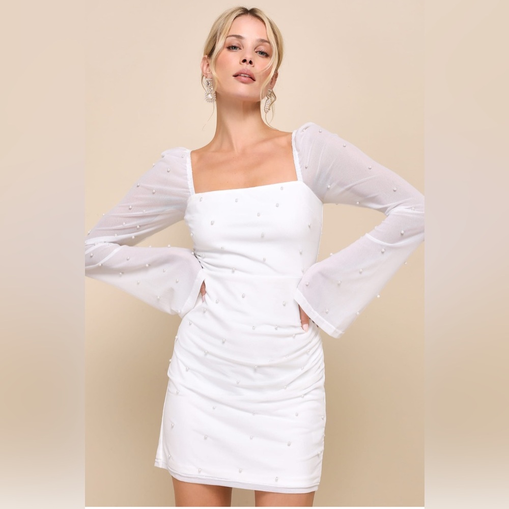 XS Ivory Ivory Mesh Pearl Long Sleeve Mini Dress Bach bride bridal wedding